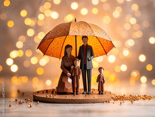 modellino in legno  di Famiglia felice sotto l'ombrello, sfondo sfocato con luci magiche, concetto di relazioni e amore e protezione per la famiglia, assicurazione photo