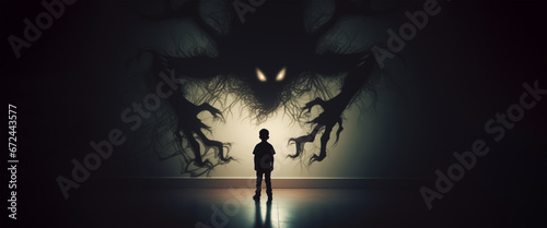 strong kid challenge his nightmares and imaginary monster, children psychology and personality confidence or sleeping disorder concepts as wide banner poster design with copy space