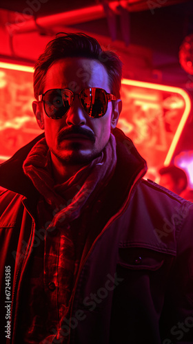 A man wearing sunglasses and a jacket in a neon room © Eduardo