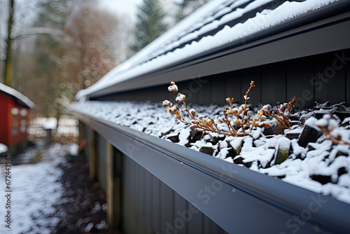 Clogged gutter on the roof with dirt, debris and fallen leaves does not allow rainwater to drain properly. photo