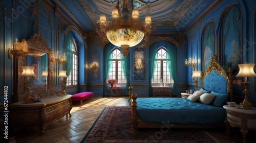 Blue enchanted rose bedroom extravagant bedroom Ai generated art