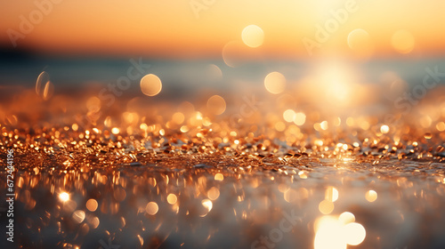 An abstract composition with warm coral and copper particles. Sunset glow light shine particles bokeh on a sandy beach background. Copper foil texture created with AI technology