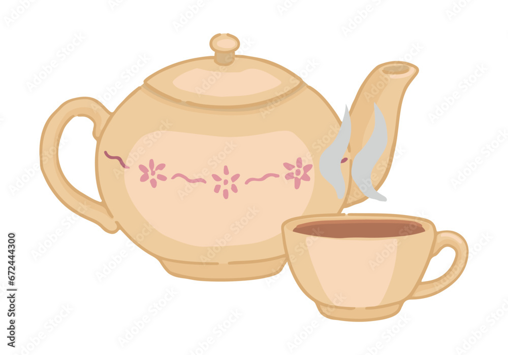 Doodle of tea mug and teapot. Cartoon clipart of cute beverage utensil. Contemporary vector illustration isolated on white background.