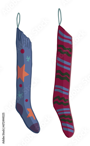 Doodle of long Christmas socks. Cartoon clipart of ornamental stocking for gifts. Vector illustration isolated on white.