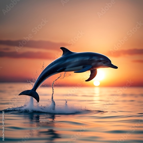 fröhlich springender Delfin vor einem Hintergrund aus Sonnenuntergang über dem Meer als Vorlage für Design wildlebender Meerestiere, Säugetiere, Ozean, Zoo, Aquarium