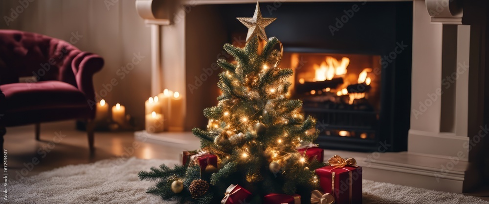 Christmas tree, decorated with New Year's toys, stands near the fireplace