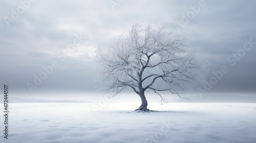  a lone tree standing in the middle of a snow covered field in the middle of the day with a dark sky in the background.  generative ai
