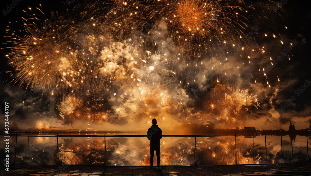 Silhouette of Man Watching New Year's Golden Fireworks by the Lake, Generative AI - obrazy, fototapety, plakaty 