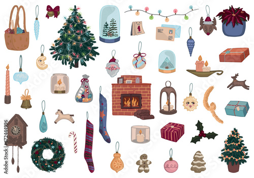 Set of Christmas holidays doodles. Cartoon clip arts of xmas decorations, trees, wreath, garlands, candles, gifts. Contemporary vector illustrations collection isolated on white.