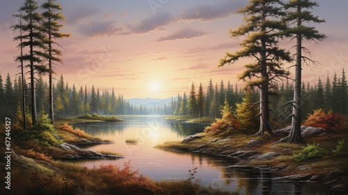  a painting of a sunset in a forest with a lake in the foreground and trees in the foreground. generative ai