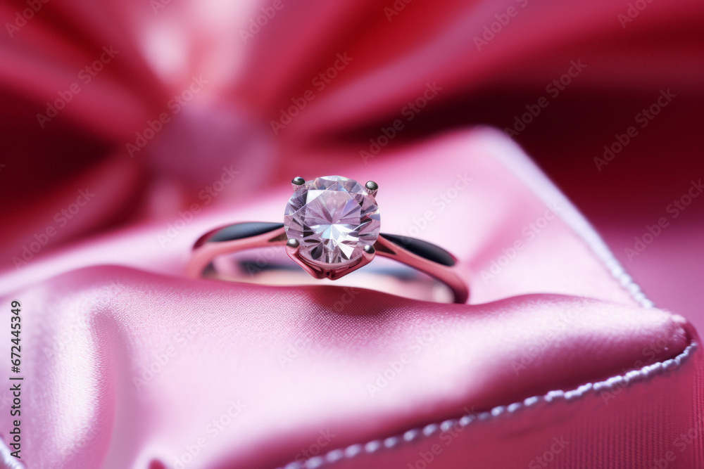 Obraz premium Sparkly shiny ring with diamond in a gift box. Beautiful present for marriage, Valentine's Day or other big celebration