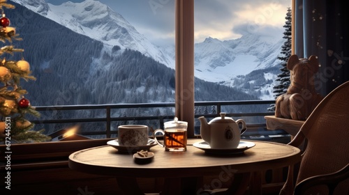  a table with a cup of tea and a teapot on it in front of a window with a view of a snowy mountain. generative ai