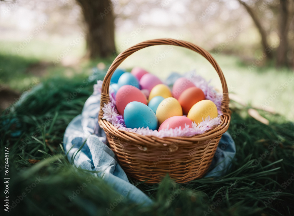 Colorful Easter eggs in a wicker basket in forest background. Colored Egg Holiday background. Easter banner or postcard. Colorful Easter eggs in a wicker basket in forest background. Colored Egg Holiday background. Easter banner or postcard.