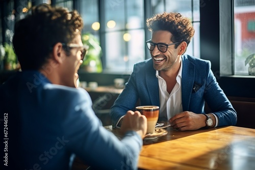 Two young businessmen talking and drinking coffee in a cafe. They are laughing and looking at each other.