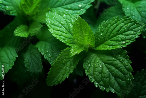 A Bush of Fresh Aromatic Mint. Macro of Peppermint Leaves with Water Drops and Sun Light on a Black Background