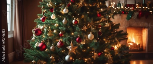 Christmas tree, decorated with New Year's toys, stands near the fireplace