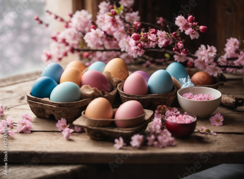 Colorful Easter eggs on wooden table with pink blooming apple branch. Colored Egg Holiday background. Easter banner or postcard.