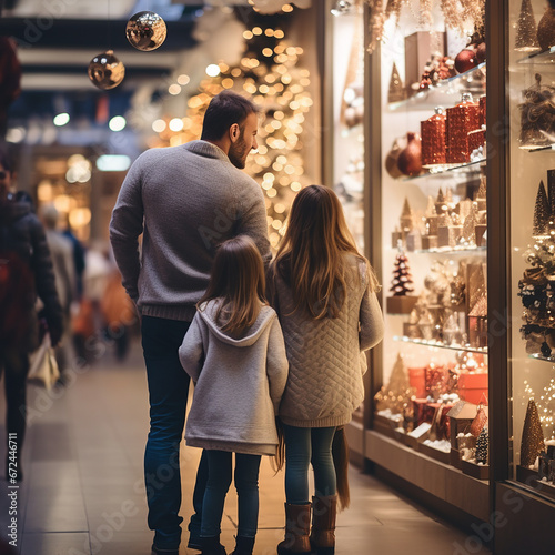 Happy father with children have a successful day of Christmas shopping.