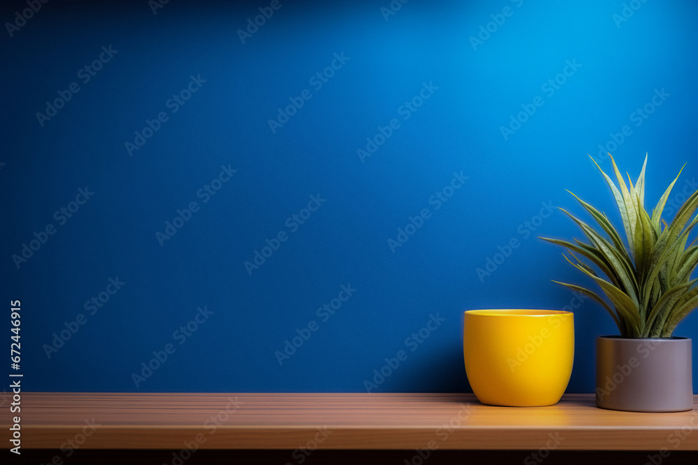Interior Scene and Mockup. Wooden table and blue wall, green plant on the table. Interior Scene and Mockup. Wooden table and blue wall, green plant on the table.