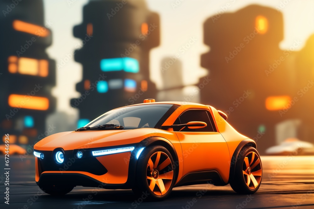 a brand-less generic concept car. Modern electric car on blurred city background.