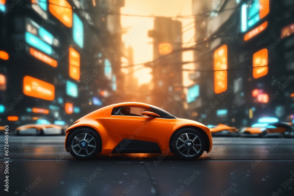 Miniature orange car on the background of the night city. , a brand-less generic concept car
