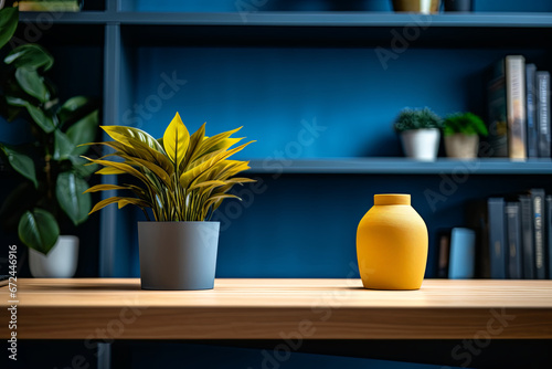 Interior Scene and Mockup. Wooden table and blue wall, green plant on the table.