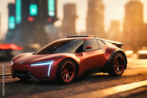 a brand-less generic concept car. Sport car on the city street at sunset. 