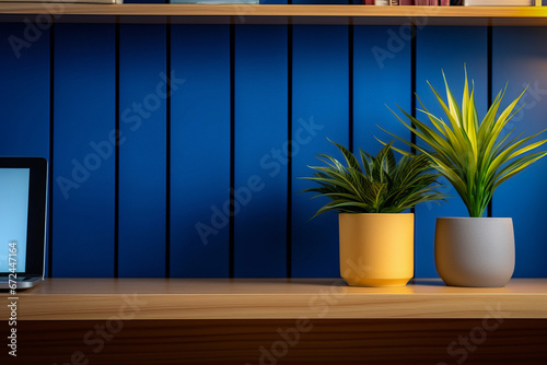 Interior Scene and Mockup. Wooden table and blue wall, green plant on the table.