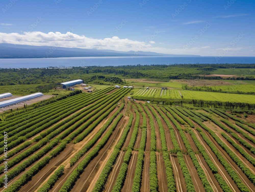 Drone images show rows of plantations seen from above. A sunny day with a blue sky