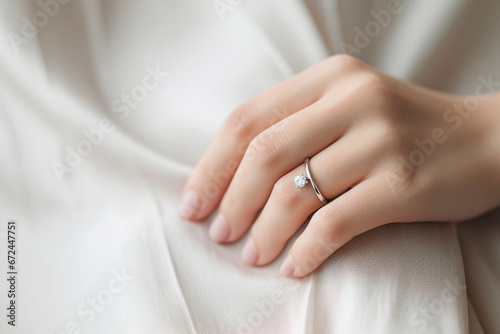 illustration of a woman s hand with a wedding ring on a light background. Created with Generative AI