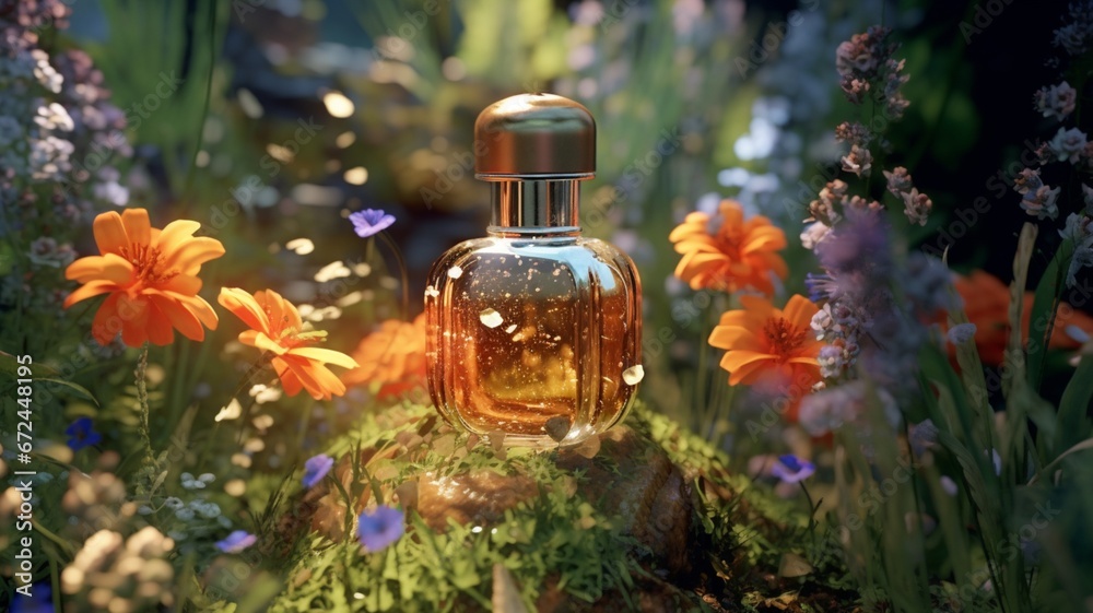Bottle perfume pink flowers petals grass plants wallpaper image AI generated art Bottle perfume pink flowers petals grass plants wallpaper image AI generated art