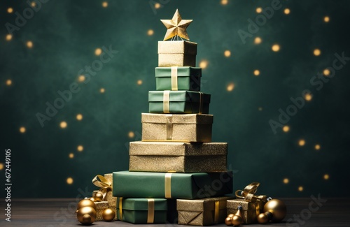Tall stack of gifts stacked in the shape of a Christmas tree, Christmas background, green and gold