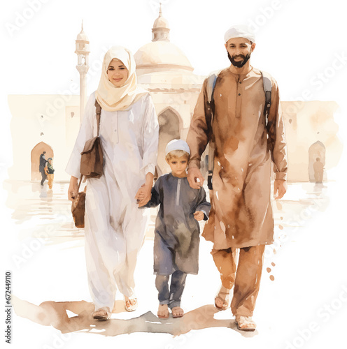muslim family stand in front of mosque  , watercolor clipart