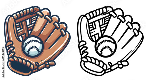 baseball glove cartoon style vector illustration , baseball mitt , base ball equipment vector image , colored and black and white line art stock vector photo