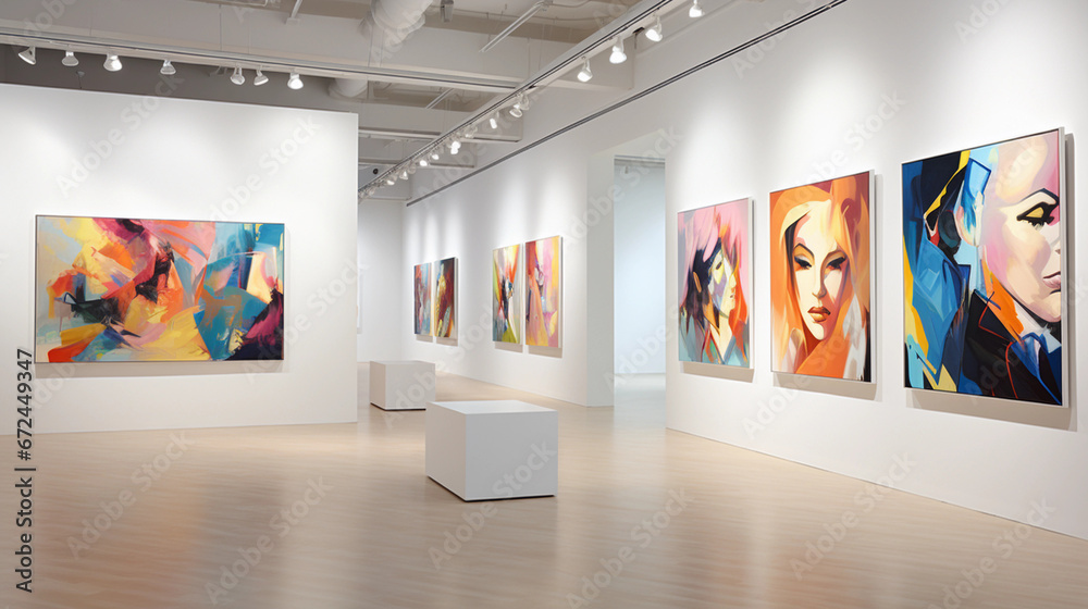 Modern minimalistic art gallery with beautiful paintings on a white wall