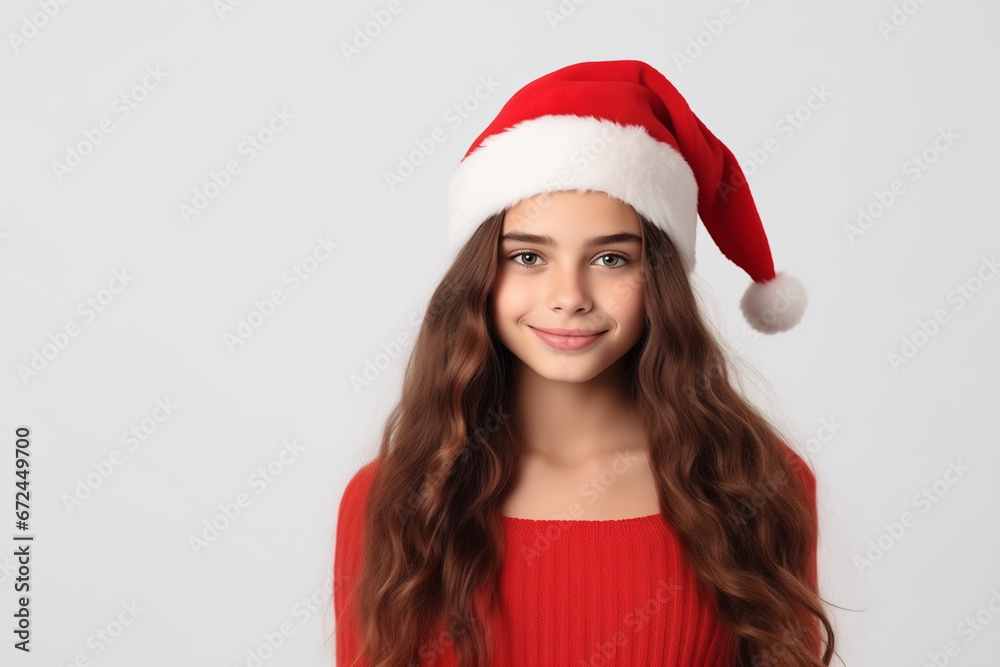 Smiling girl in New Year's costume on a white background Smiling girl in New Year's costume on a white background
