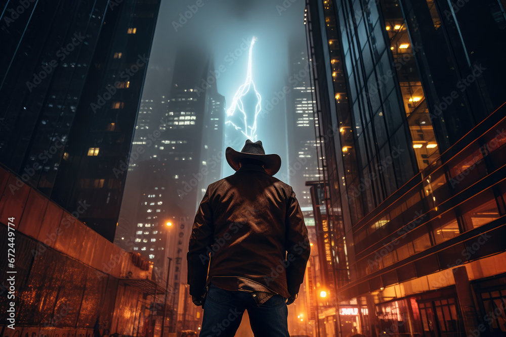 Cowboy on the street of modern city at Stormy Night Cowboy on the street of modern city at Stormy Night