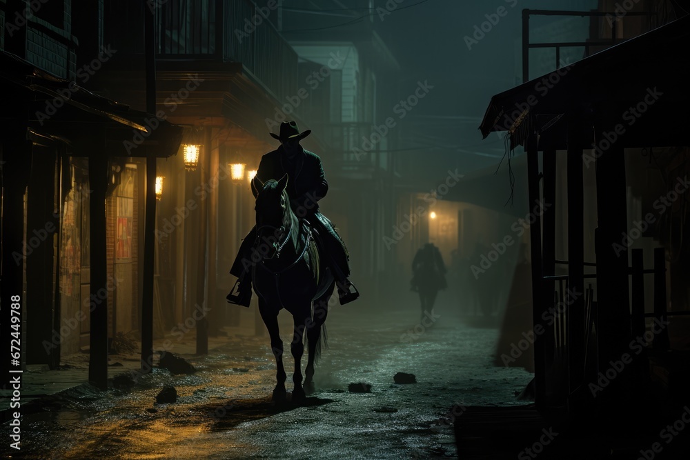 Cowboy riding a horse through the dark alley at night. Lone Ranger in a Rainy Ghost Town