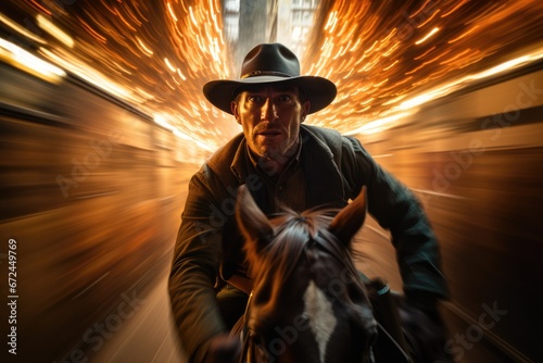 Cowboy on horse in Motion with blurred urban city lights