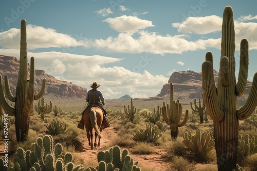 Lone horseman riding through the cactus desert with rocky mountains landscape photo