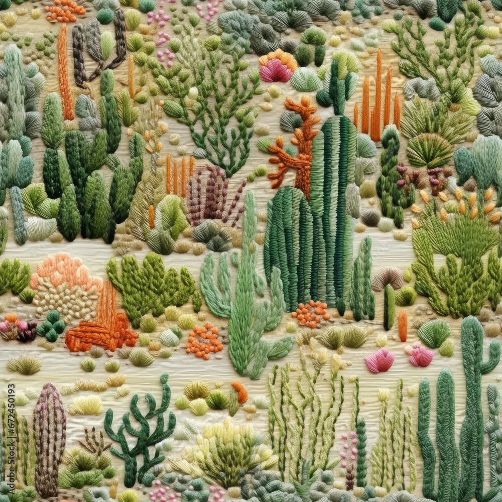 Seamless embroidery of cacti in the desert, cacti and other desert plants embroidered on fabric, seamless design, fabric print. Seamless embroidery of cacti in the desert, cacti and other desert plants embroidered on fabric, seamless design, fabric print.