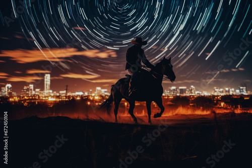 Silhouette of Cowboy and Horse Against Starry City Skyline © gankevstock