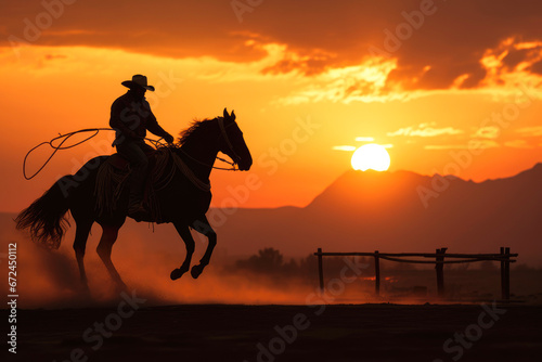 Silhouette of Cowboy riding a horse on the ranch with Mountain Sunset