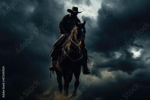 strainy gallop on horse under stormy clouds
