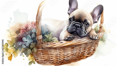 Bulldog puppy hanging basket with flowers watercolor painting image AI generated art
