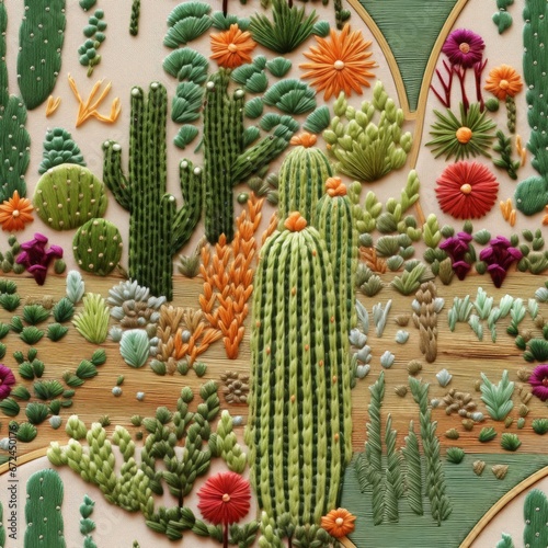Seamless embroidery of cacti in the desert, cacti and other desert plants embroidered on fabric, seamless design, fabric print.