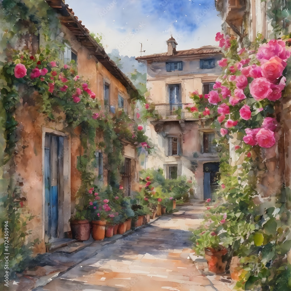 watercolor illustration of an old neighborhood decorated with flowers and a clear blue sky