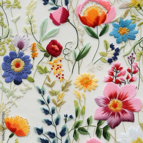 Seamless embroidery of beautiful flowers, wildflowers embroidered on fabric, handmade work, fabric printing, seamless design.