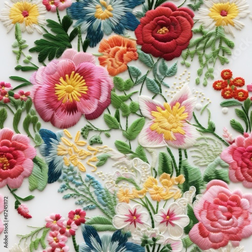 Seamless embroidery of beautiful flowers, wildflowers embroidered on fabric, handmade work, fabric printing, seamless design.