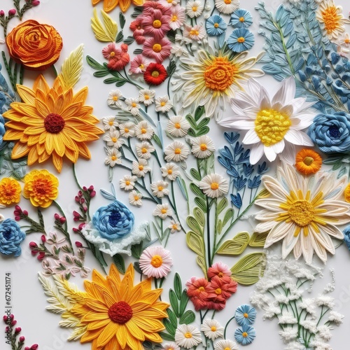 Seamless embroidery of beautiful flowers, wildflowers embroidered on fabric, handmade work, fabric printing, seamless design.